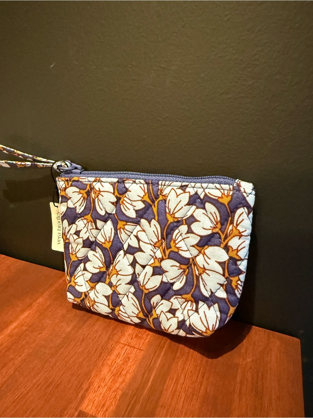 Vera Bradley Navy Blue White Mustard Floral Quilted Key & Card Pouch